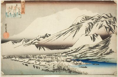 Dvælende sne på Hira-bjerget (Hira no bosetsu), fra serien "Eight Views of Omi Province (Omi hakkei no uchi)" af Utagawa Hiroshige
