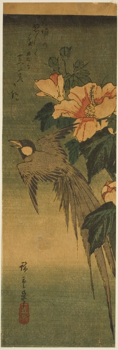 Langhalet fugl og hibiscus af Utagawa Hiroshige