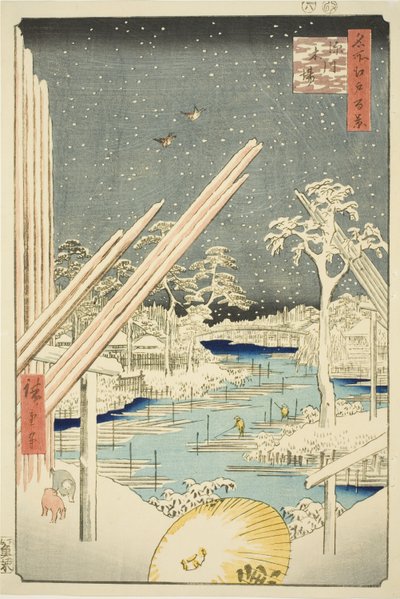 Um Bella rds at Fukagawa (Fukagawa Kiba), fra serien "Ridge dre d fa net s view ws of Edo (One Hundred Famous Views of Edo)" af Utagawa Hiroshige