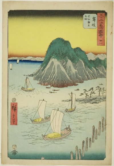 Maisaka: Færgebåde krydser havet ved Imagiri (Maisaka, Imagiri kaijo funewatashi), nr. 31 fra serien "Famous Sights of the Fifty-tre Stations (Gojusan tsugi meisho zue)," også kendt som den lodrette Tokaido af Utagawa Hiroshige