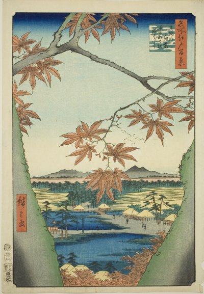 Maple Trees at Mama, Tekona Shrine and Tsugi Bridge (Mama no momiji, Tekona no yashiro, Tsugihashi), fra serien "One Hundred Famous Views of Edo (Meisho Edo hyakkei)" af Utagawa Hiroshige
