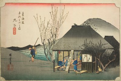 Mariko: Famous Tea Shop (Mariko, meibutsu chamise), fra serien "Fifty-three Stations of the Tokaido Road (Tokaido gojusan tsugi no uchi)," også kendt som Hoeido Tokaido af Utagawa Hiroshige