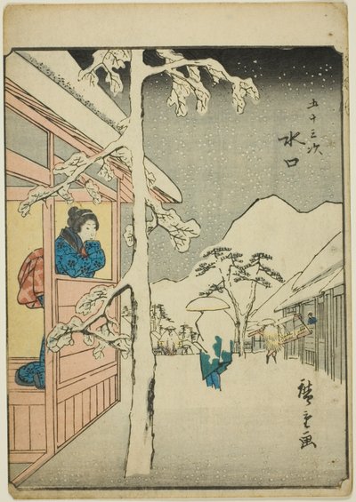 Minakuchi, fra seriens "fifty-tre S tachi-lyd s "of te urbanity" (Goshuyama næste) Hver gang) af Utagawa Hiroshige