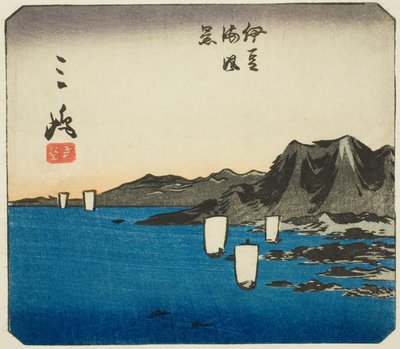 Mishima, sektion af ark nr. 3 fra serien "Cutout Pictures of the Tokaido (Tokaido harimaze zue)" af Utagawa Hiroshige