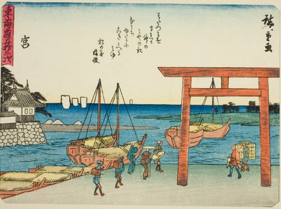 Miya, fra serien "Fifty-three Stations of the Tokaido (Tokaido gojusan tsugi)," også kendt som Tokaido med digt (Kyoka iri Tokaido) af Utagawa Hiroshige