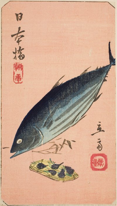 Morning Market at Nihon Bridge (Nihonbashi, asaichi), section of a sheet from the series "Cutouts of Famous Places in Edo (Harimaze Koto meisho)" af Utagawa Hiroshige