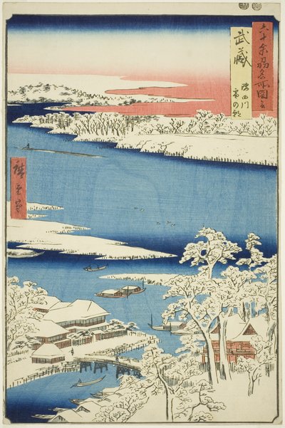 Musashi-provinsen: Morgen efter sne på Sumida-floden (Musashi, Sumidagawa yuki no ashita), fra serien "Famous Places in the Sixty-odd Provinces (Rokujuyoshu meisho zue)" af Utagawa Hiroshige