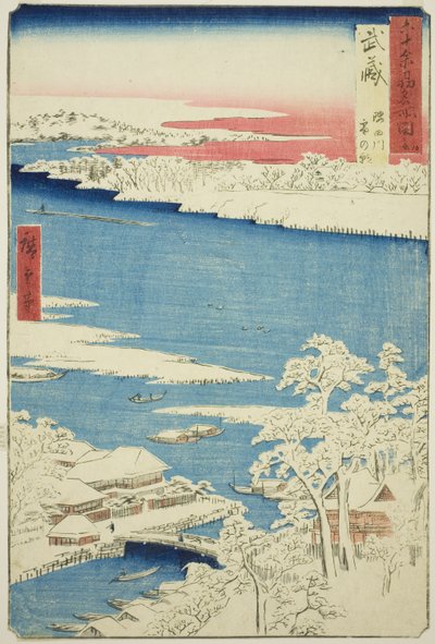 Musashi-provinsen: Morgen efter sne på Sumida-floden (Musashi, Sumidagawa yuki no ashita), fra serien "Famous Places in the Sixty-odd Provinces (Rokujuyoshu meisho zue)" af Utagawa Hiroshige