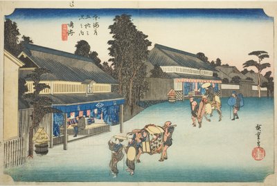 Narumi: Famous Tie-dyed Fabrics of Arimatsu (Narumi, meibutsu Arimatsu shibori), fra serien "Fifty-three Stations of the Tokaido (Tokaido gojusan tsugi no uchi)," også kendt som Hoeido Tokaido af Utagawa Hiroshige