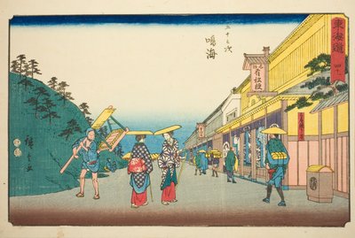 Narumi: Butikker, der sælger det berømte bindefarvede stof (Narumi, meisan shibori mise)—nr. 41, fra serien "Fifty-three Stations of the Tokaido (Tokaido gojusan tsugi)," også kendt som Reisho Tokaido af Utagawa Hiroshige