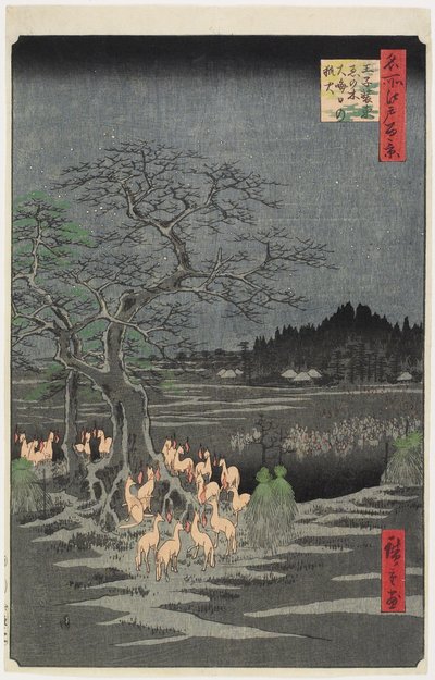 Nytårsaften Foxfires ved Nettle Tree, O_ji, september 1857 af Utagawa Hiroshige