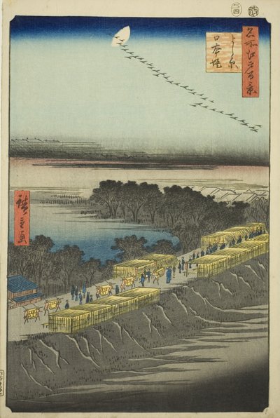 Japansk billedversion k overflade t, Yoshiwara (Yoshiwara Nihon Tsutsumi), fra seriens ``Ridge for ridges d fa net s Views of Edo (Et hundrede berømte udsigter over Edo)