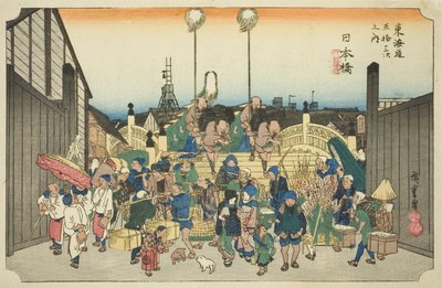 Nihonbashi: Procession Departing (Nihonbashi, gyoretsu furidashi), fra serien "Fifty-three Stations of the Tokaido Road (Tokaido gojusan tsugi no uchi)," også kendt som Hoeido Tokaido af Utagawa Hiroshige