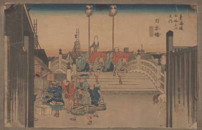 Nr. 1 "Nihonbashi: Morgenscene" Fra serien 53 stationer på Tokaido af Utagawa Hiroshige