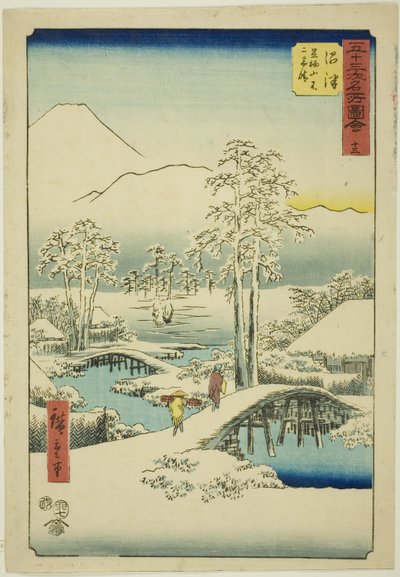 Numazu: Mount Fuji og Mount Ashigara i klart vejr efter sne, nr. 13 (Numazu, Ashigarayama Fuji no yukibare), fra serien "Famous Sights of the Fifty-tre Stations (Gojusan tsugi meisho zue)," også kendt som den vertikale tokaido af Utagawa Hiroshige