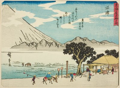 Numazu, fra serien "Fifty-three Stations of the Tokaido (Tokaido gojusan tsugi)," også kendt som Tokaido med digt (Kyoka iri Tokaido) af Utagawa Hiroshige