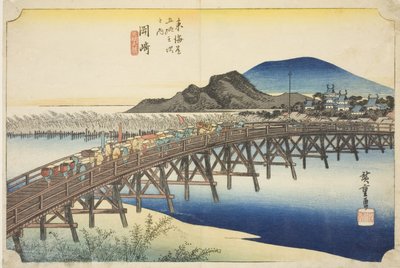 Okazaki: Yahagi Bridge (Okazaki, Yahagi no hashi), fra serien "Fifty-three Stations of the Tokaido (Tokaido gojusan tsugi no uchi)," også kendt som Hoeido Tokaido af Utagawa Hiroshige