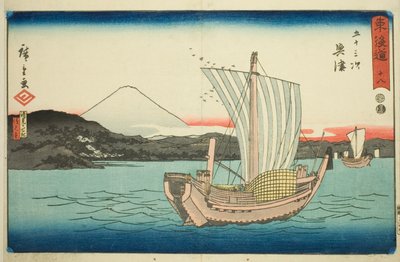 Okitsu: Kiyomigaseki og Seiken Temple (Kiyomigaseki, Seikenji)—Nr. 18, fra serien "Fifty-three Stations of the Tokaido (Tokaido gojusan tsugi)," også kendt som Reisho Tokaido af Utagawa Hiroshige