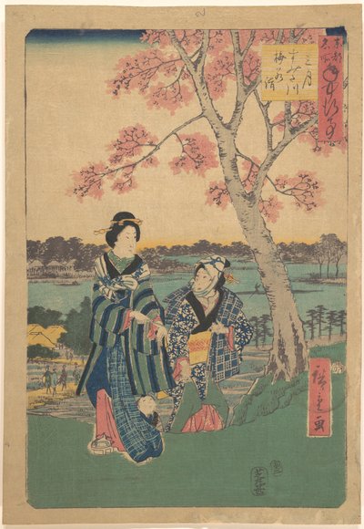 Blomstrende blommer i den tredje måned ved Sumida-floden, fra serien Årlige begivenheder på berømte steder i den østlige hovedstad (Tōto meisho nenjū gyōji sangatsu sumitagawa waka mōde) af Utagawa Hiroshige