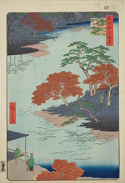 Forbilleder af Akiba-helligdommen, Ukeji (Ukeji Akiba no keidai), nr. 91 fra serien "One Hundred Famous Views of Edo (Meisho Edo hyakkei)" af Utagawa Hiroshige