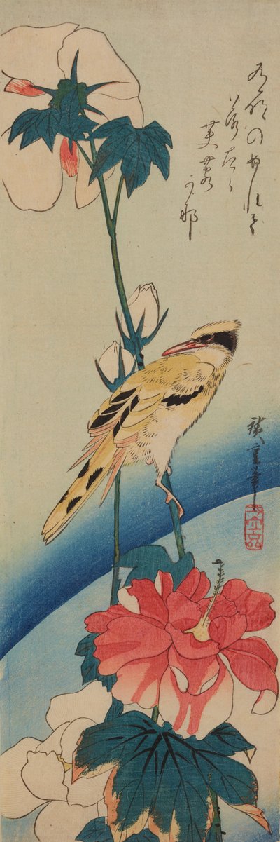 Vogel (Gelber Zimtkopf) auf einem Ast der Chinesischen Rose / Fuyo-ni koraiuguisu af Utagawa Hiroshige