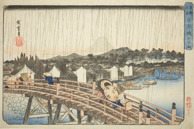 Rain at Nihonbashi Bridge (Nihonbashi no hakuu), from the series "Famous Places in the Eastern Capital (Toto meisho)" af Utagawa Hiroshige