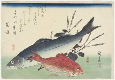 Red Snapper, Havaborre og Perilla, ca. 1840 af Utagawa Hiroshige