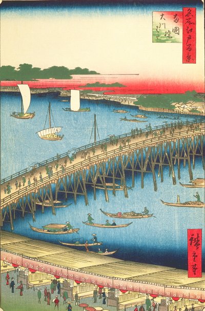 Ryogoku Bridge and the Great Riverbank, nr. 59 fra One Hundred famous Views of Edo, 1856 (træblok farvetryk) af Utagawa Hiroshige