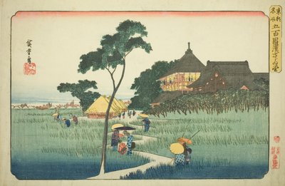 Sazai Hall ved Temple of the Five Hundred Arhats (Gohyaku rakan Sazaido), fra serien "Famous Places in the Eastern Capital (Toto meisho)" af Utagawa Hiroshige