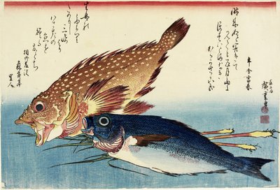 Skorpionfisk, hønsegrint og ingefærskud, ca. 1832 af Utagawa Hiroshige