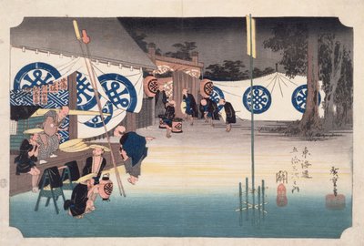 Seki, tidlig afgang fra Daimyos Inn, fra 53 stationer på Tokaido Highway, ca. 1834 (træblok farvetryk) af Utagawa Hiroshige