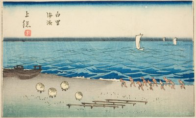 Shirosato Beach in Kazusa Province (Kazusa Shirosato kaihin), section of sheet no. 7 from the series "Cutout Pictures of the Provinces (Kunizukushi harimaze zue)" af Utagawa Hiroshige
