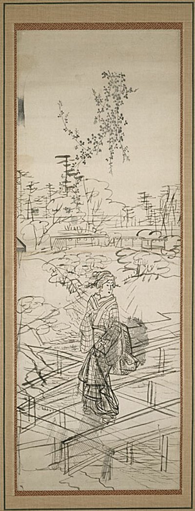 Skitse af kvinde på vej over bro af Utagawa Hiroshige