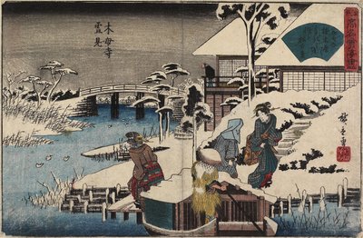 Snescene ved Mokubo-ji-templet og Restaurant Uekiya, ca. 1835-1842 af Utagawa Hiroshige