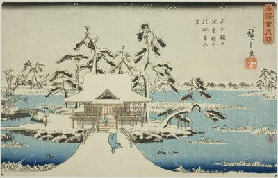 Sne ved Benzaiten-helligdommen i Inokashira-dammen (Inokashira no ike Benzaiten no yashiro yuki no kei), fra serien "Snow, Moon, and Flowers at Famous Places (Meisho setsugekka)" af Utagawa Hiroshige