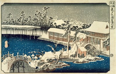 Sne om natten: en scene, der skildrer et hus, en flod og en prydhave under faldende sne, fra serien 53 Stations of the Tokaido, (yoko-e - vandret format, farvet træbloktryk) af Utagawa Hiroshige