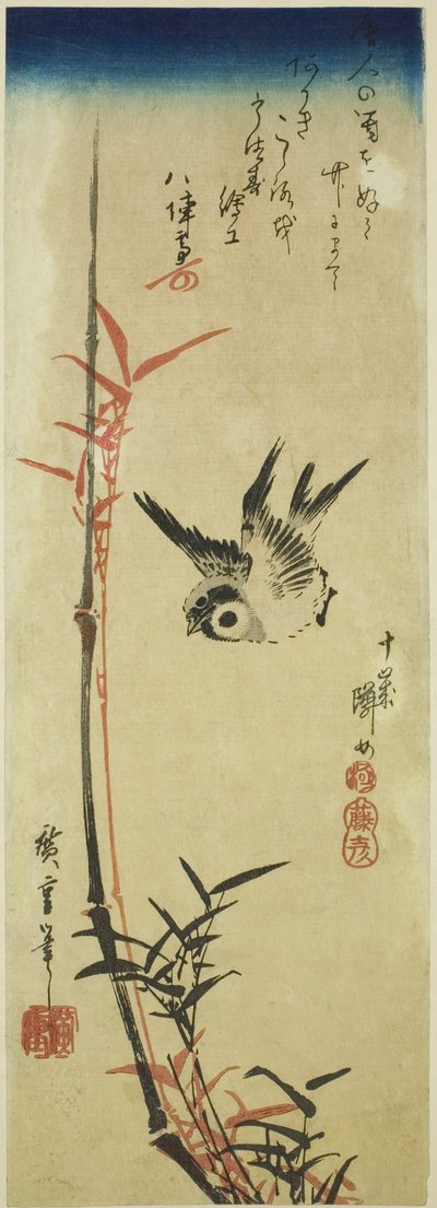 Spurv og bambus af Utagawa Hiroshige