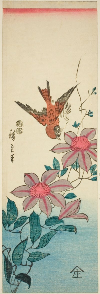 Spurv og klematis af Utagawa Hiroshige