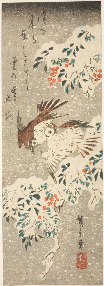 Spurve flakser om snedækkede Nandina, mens mere sne falder af Utagawa Hiroshige