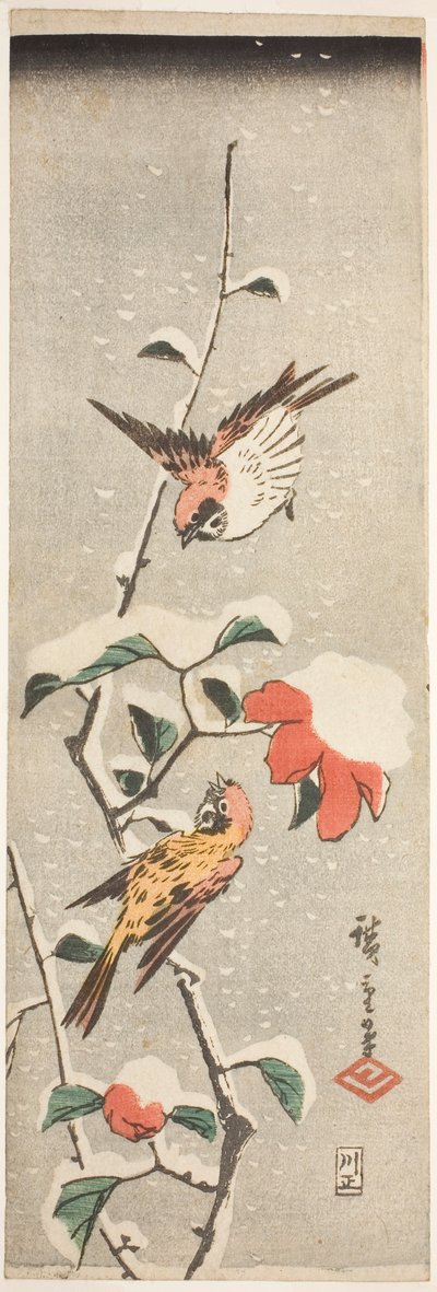 Spurve og kamelia i sne af Utagawa Hiroshige