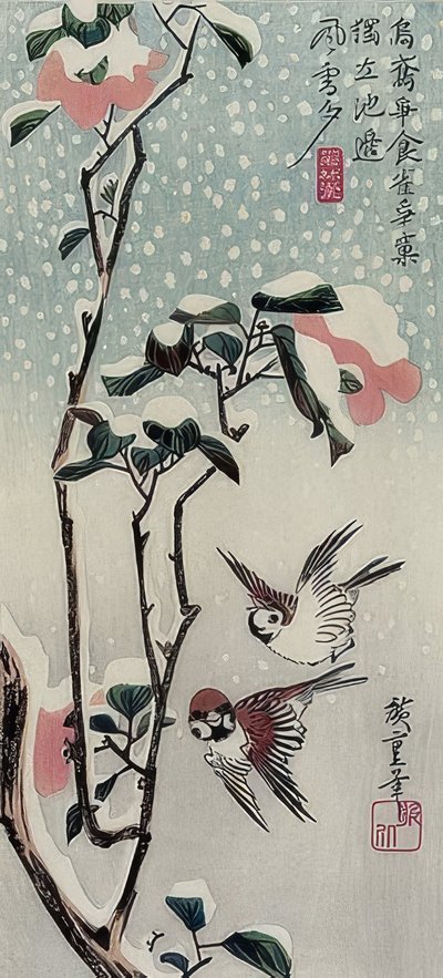 Spurve og kameliaer i sneen af Utagawa Hiroshige