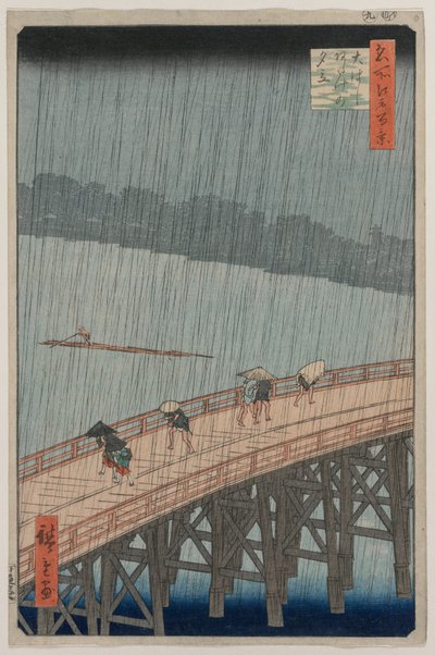 Sudden Shower over Shin-Ōhashi Bridge og Atake, fra serien One Hundred Famous Views of Edo af Utagawa Hiroshige