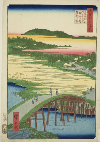 Sugatami Bridge, Omokage Bridge and the Gravel Pit at Takata (Takata Sugataminohashi Omokagenohashi jariba), fra serien "One Hundred Famous Views of Edo (Meisho Edo hyakkei)" af Utagawa Hiroshige