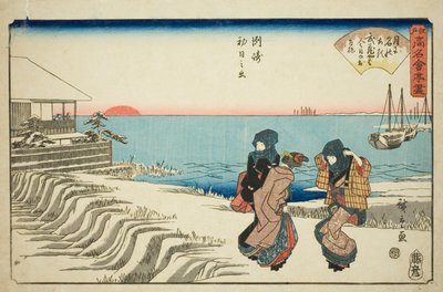 Solopgang nytårsdag på Musashiya Restaurant i Susaki (Susaki hatsu hinode, Musashiya), fra serien "Berømte restauranter i Edo (Edo komei kaitei zukushi)" af Utagawa Hiroshige