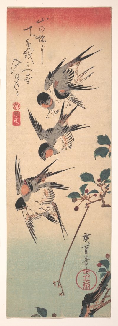 Schwalben und blühende Wildkirsche af Utagawa Hiroshige