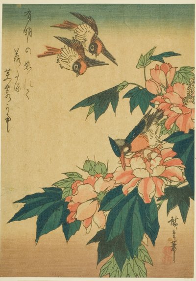 Svaler, isfugl og hibiscus af Utagawa Hiroshige