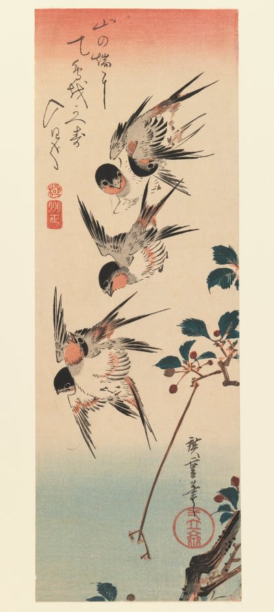 Tanzaku, Fire Svaler, 1832 (træbloktryk i farver) af Utagawa Hiroshige