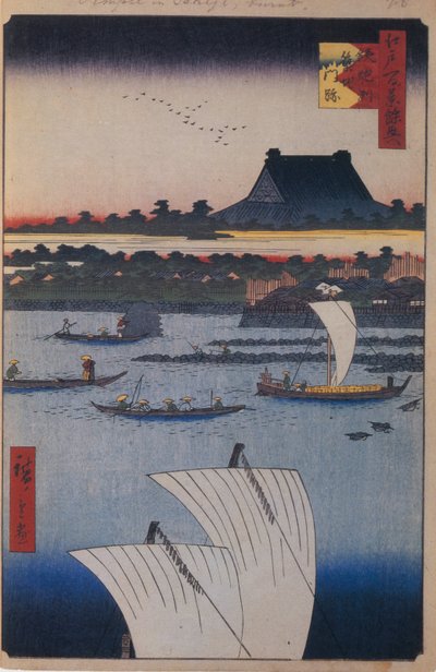 Teppozu og Tsukiji Monzeki Temple Hundrede berømte udsigter over Edo, 1856-1858 af Utagawa Hiroshige
