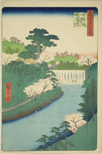 Dæmningen ved Otonashi-floden ved Oji, almindeligvis kaldet "Det Store Vandfald" (Oji Otonashigawa entai, sezoku Otaki til tonau), fra serien "One Hundred Famous Views of Edo (Meisho Edo hyakkei)" af Utagawa Hiroshige