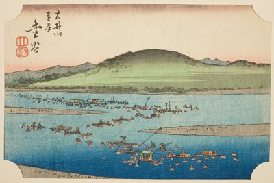 Den fjerne bred af Oi-floden i Kanaya (Oigawa engan, Kanaya), sektion af ark nr. 6 fra serien "Cutout Pictures of the Tokaido (Tokaido harimaze zue)" af Utagawa Hiroshige